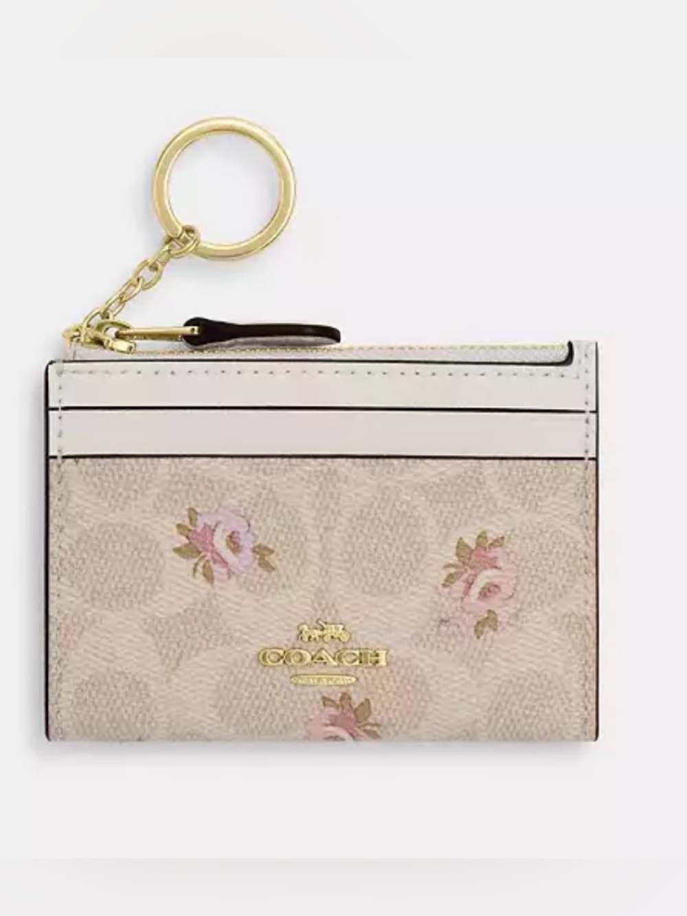 COACH Cream Floral Signature Card Case with Gold Keyring